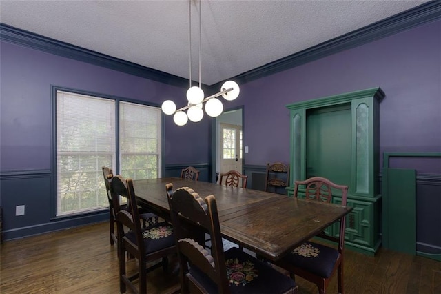 dining room with a textured ceiling, an inviting chandelier, a wainscoted wall, dark wood finished floors, and ornamental molding