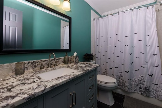 full bath with tile patterned floors, toilet, vanity, ornamental molding, and a shower with shower curtain