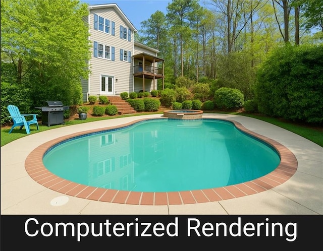 view of pool featuring a grill, french doors, and a pool with connected hot tub