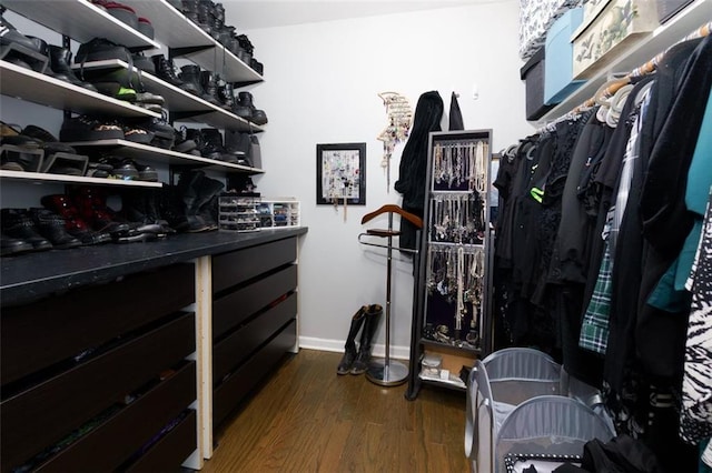 walk in closet featuring dark wood-style flooring