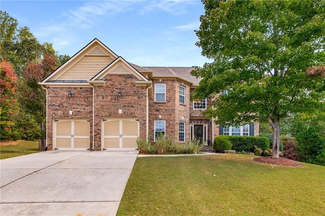 view of front of property featuring a front yard and a garage