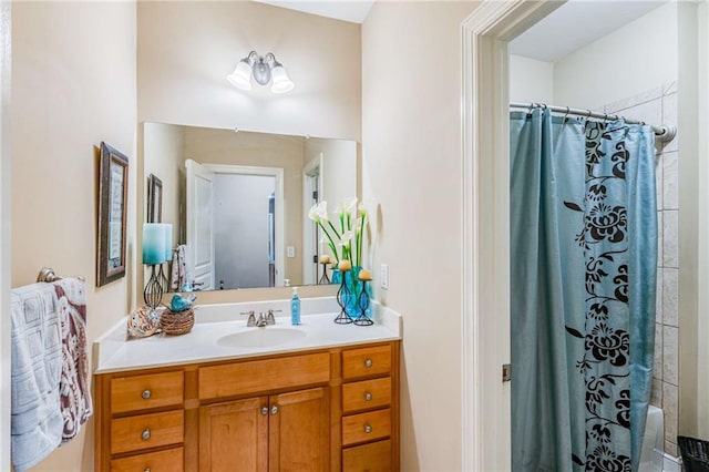 bathroom with vanity and shower / bath combination with curtain