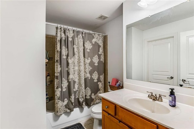 full bathroom with vanity, shower / bath combination with curtain, toilet, and tile patterned floors