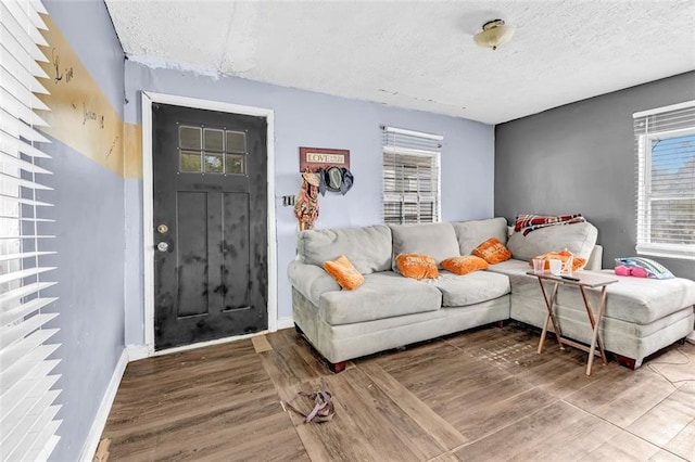 living room with a textured ceiling and hardwood / wood-style flooring