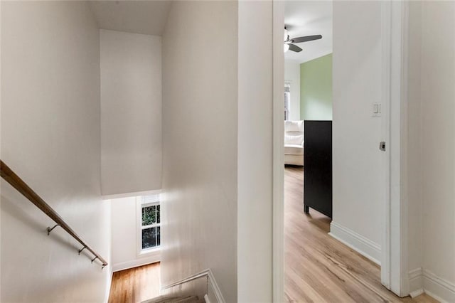 stairway with wood finished floors, a ceiling fan, and plenty of natural light