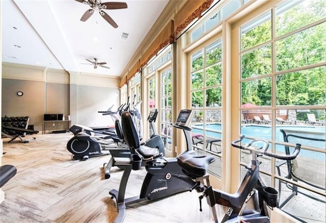 workout area featuring a ceiling fan, carpet flooring, and crown molding