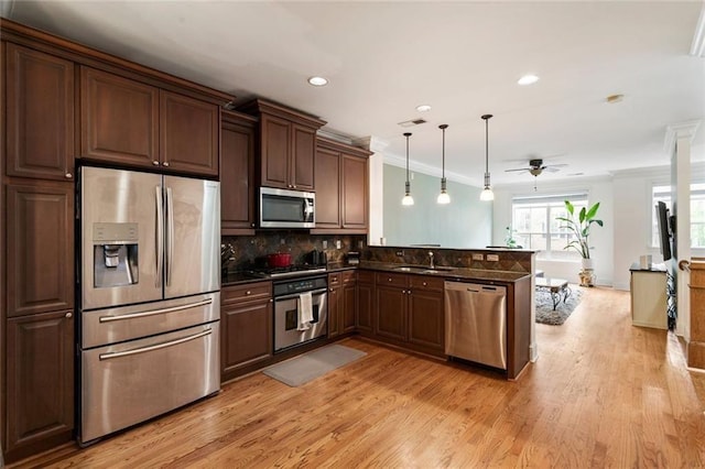 kitchen with stainless steel appliances, a peninsula, a ceiling fan, light wood finished floors, and crown molding