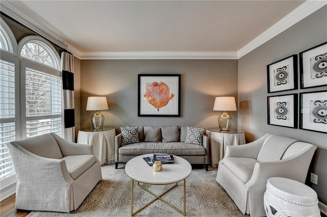 living room with ornamental molding and wood finished floors