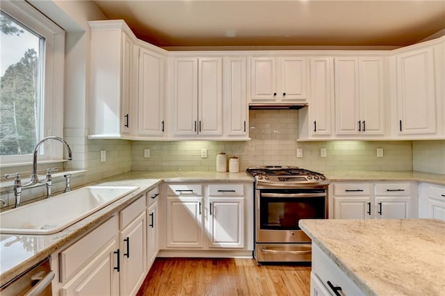 kitchen featuring appliances with stainless steel finishes, plenty of natural light, a sink, and light wood-style flooring