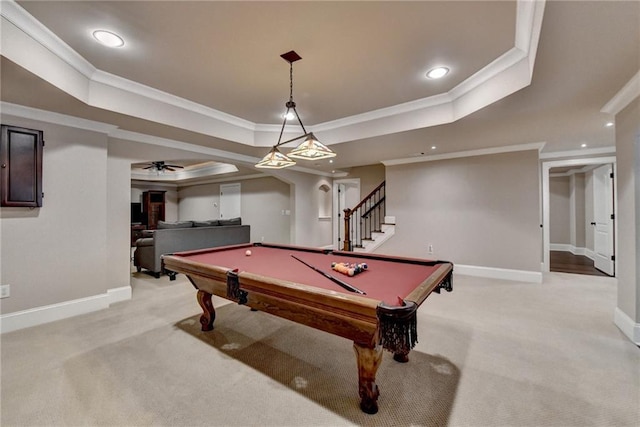 game room with light carpet, baseboards, ornamental molding, a tray ceiling, and recessed lighting