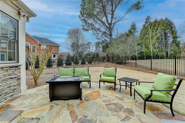 view of patio / terrace featuring a fenced backyard and an outdoor living space