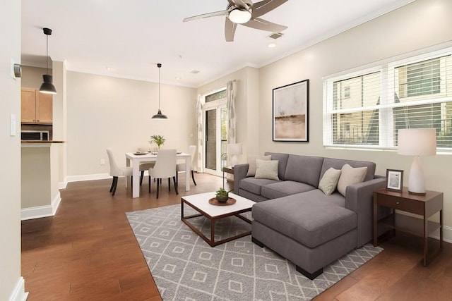 2230 Cheshire Bridge Rd NE Unit 401, Atlanta, GA 30324 - living area with ceiling fan, ornamental molding, wood finished floors, and recessed lighting