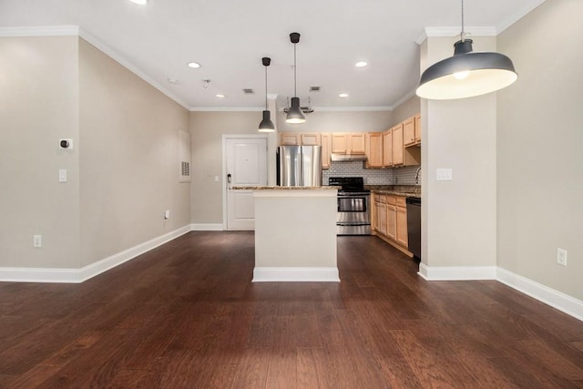 2230 Cheshire Bridge Rd NE Unit 401, Atlanta, GA 30324 - kitchen featuring stainless steel appliances, light brown cabinetry, under cabinet range hood, dark wood-style floors, and recessed lighting