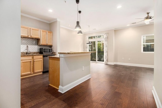 2230 Cheshire Bridge Rd NE Unit 401, Atlanta, GA 30324 - kitchen featuring stainless steel appliances, light brown cabinets, backsplash, recessed lighting, and dark wood-style flooring