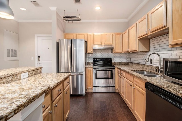 2230 Cheshire Bridge Rd NE Unit 401, Atlanta, GA 30324 - kitchen featuring stainless steel appliances, under cabinet range hood, light brown cabinets, crown molding, and light stone countertops
