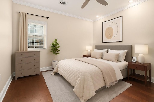 2230 Cheshire Bridge Rd NE Unit 401, Atlanta, GA 30324 - bedroom with crown molding, dark wood-style flooring, recessed lighting, and a ceiling fan