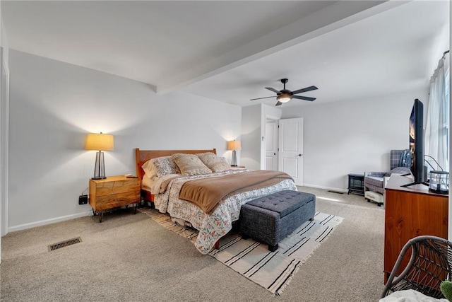 bedroom featuring beam ceiling, baseboards, visible vents, and carpet floors