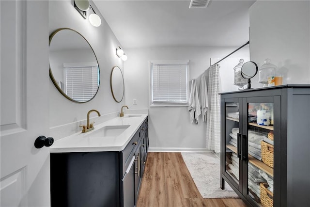 bathroom featuring double vanity, wood finished floors, visible vents, and a sink