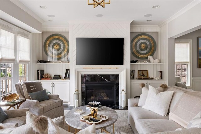 2110 Timball Rd NW, Atlanta, GA 30318 - living area with crown molding and a fireplace