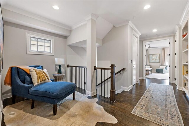 2110 Timball Rd NW, Atlanta, GA 30318 - sitting room with an upstairs landing, recessed lighting, dark wood-type flooring, crown molding, and baseboards
