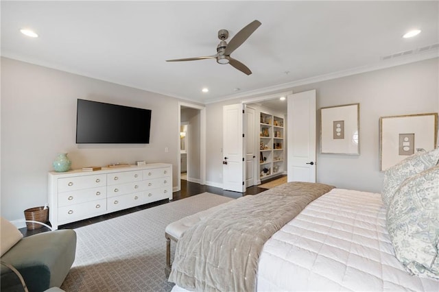 2110 Timball Rd NW, Atlanta, GA 30318 - bedroom with recessed lighting, a ceiling fan, and crown molding