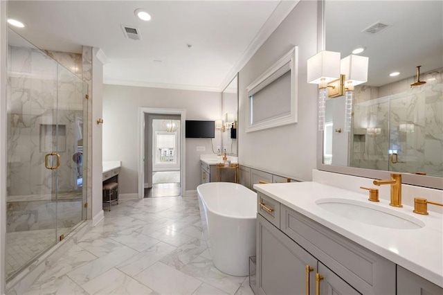 2110 Timball Rd NW, Atlanta, GA 30318 - bathroom featuring a marble finish shower, vanity, recessed lighting, a freestanding tub, and ornamental molding