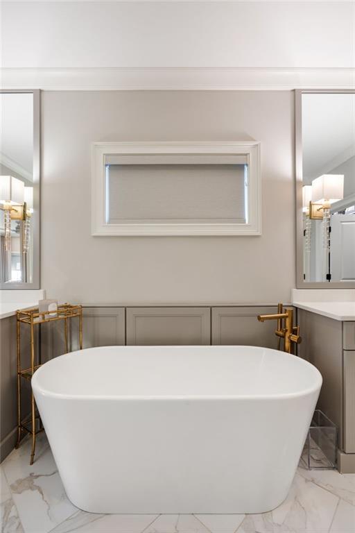 2110 Timball Rd NW, Atlanta, GA 30318 - bathroom with marble finish flooring, vanity, and a soaking tub