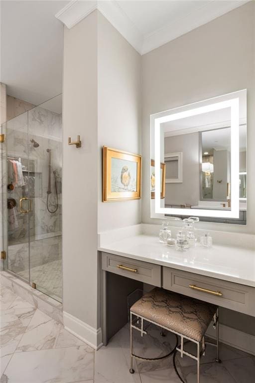 2110 Timball Rd NW, Atlanta, GA 30318 - bathroom with marble finish flooring, a marble finish shower, vanity, baseboards, and ornamental molding