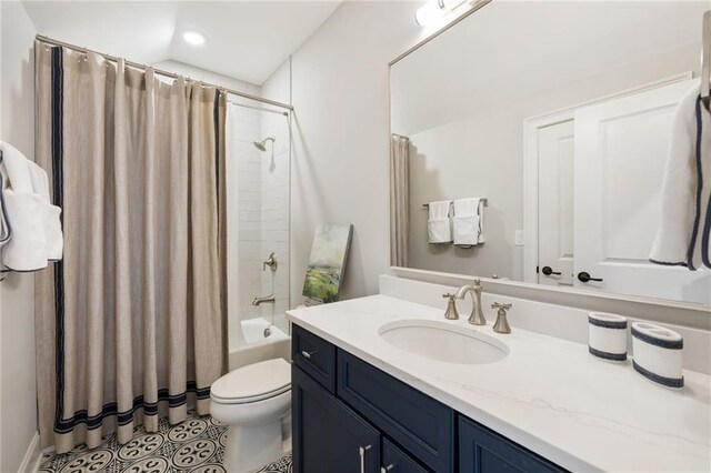 2110 Timball Rd NW, Atlanta, GA 30318 - bathroom with vanity, tile patterned floors, toilet, shower / tub combo, and recessed lighting