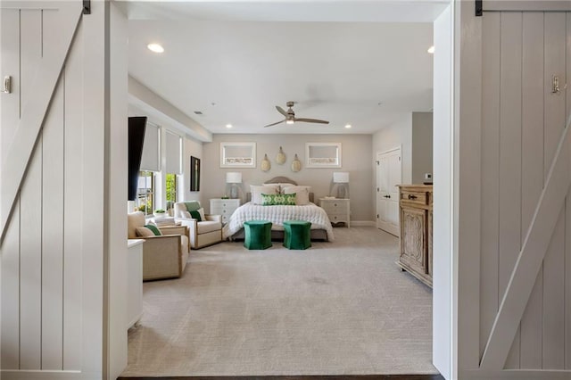 2110 Timball Rd NW, Atlanta, GA 30318 - carpeted bedroom featuring a barn door, recessed lighting, baseboards, and a ceiling fan