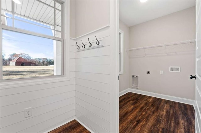 washroom featuring washer hookup, laundry area, dark wood finished floors, baseboards, and hookup for an electric dryer