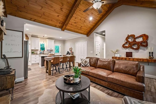 living room with light wood-style flooring, ceiling fan, wood ceiling, high vaulted ceiling, and beamed ceiling