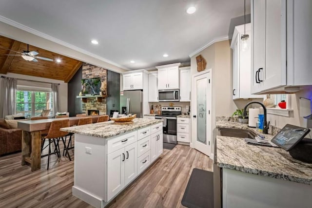 kitchen featuring crown molding, stainless steel appliances, wood finished floors, and open floor plan