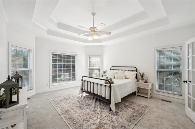 9435 Grande Dr, Winston, GA 30187 - bedroom with a raised ceiling, carpet, visible vents, and ornamental molding