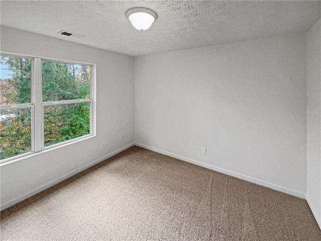 spare room featuring light colored carpet and a textured ceiling