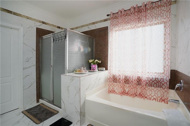 bathroom with a shower stall, ornamental molding, a wealth of natural light, and a bath