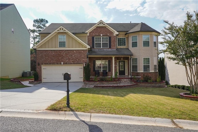 craftsman-style house featuring an attached garage, a front lawn, brick siding, board and batten siding, and concrete driveway