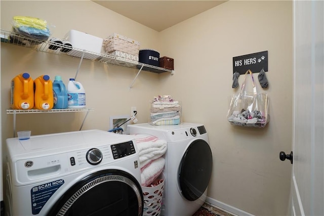 laundry room with baseboards, laundry area, and washing machine and dryer
