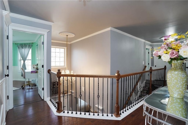 hallway featuring ornamental molding, wood finished floors, and an upstairs landing