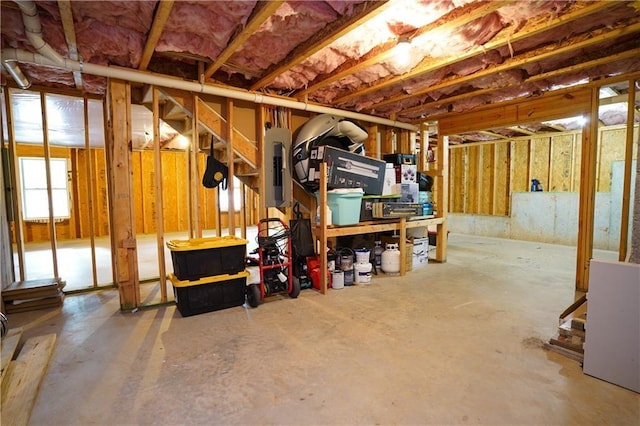 basement featuring a workshop area and electric panel