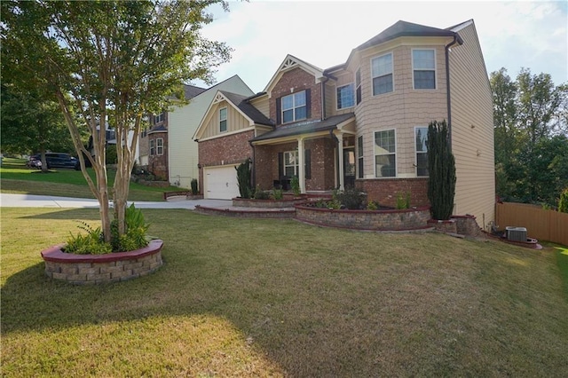 view of front of house with an attached garage, brick siding, a front yard, central AC unit, and driveway