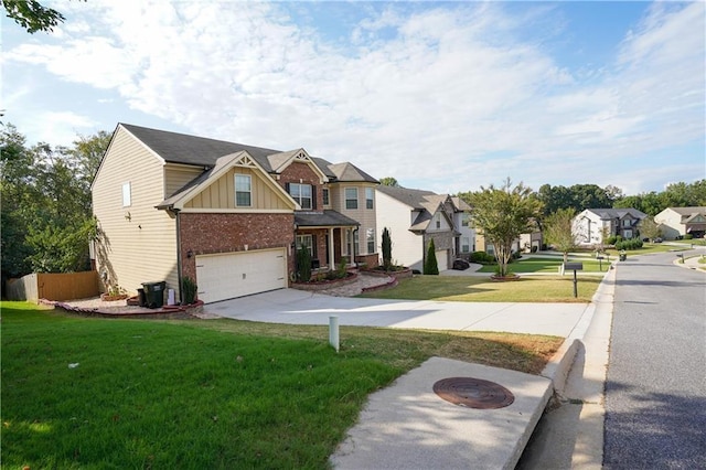 view of front of home featuring board and batten siding, brick siding, an attached garage, and a residential view