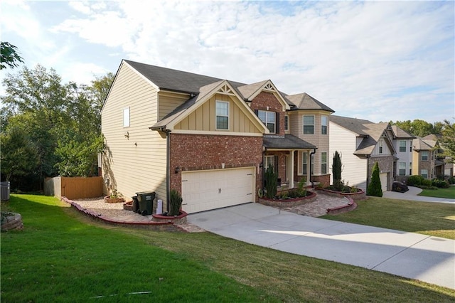 view of front of home featuring a garage, a front yard, brick siding, board and batten siding, and concrete driveway