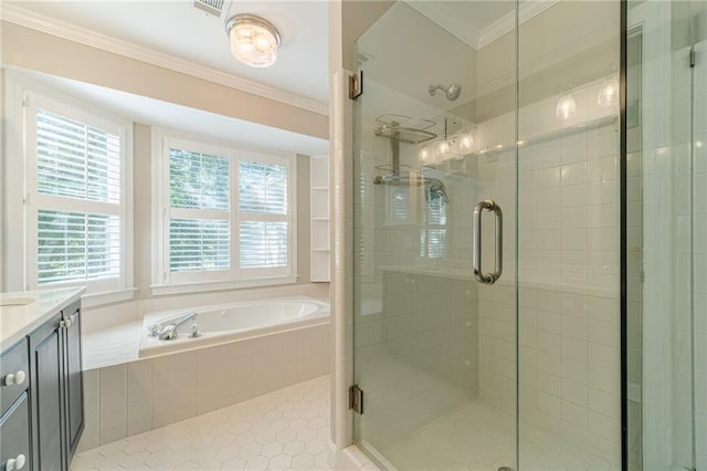 4120 Grady Smith Rd, Loganville, GA 30052 - full bath featuring vanity, ornamental molding, a stall shower, a bath, and tile patterned floors
