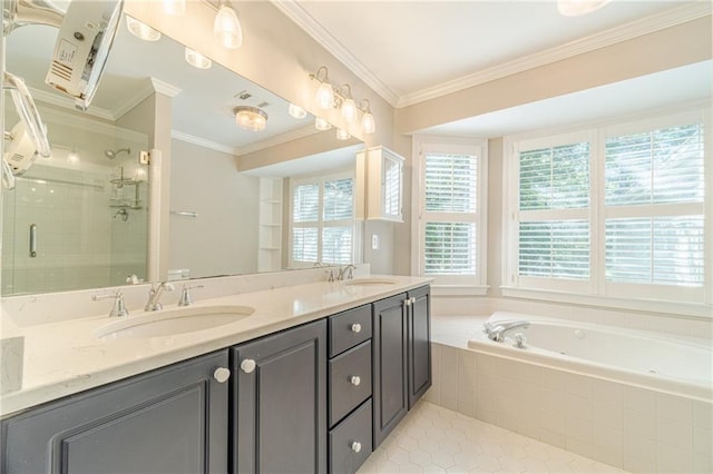 4120 Grady Smith Rd, Loganville, GA 30052 - bathroom with a stall shower, a garden tub, double vanity, tile patterned floors, and ornamental molding