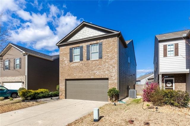 view of front of home with cooling unit, brick siding, concrete driveway, and a garage