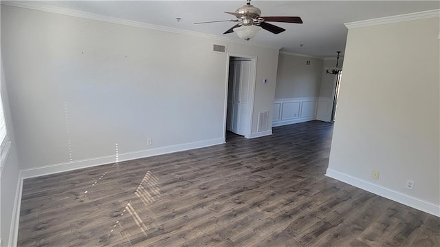 2825 NE Expy NE Unit # F3, Atlanta, GA 30345 - unfurnished room featuring a ceiling fan, dark wood-type flooring, crown molding, baseboards, and wainscoting