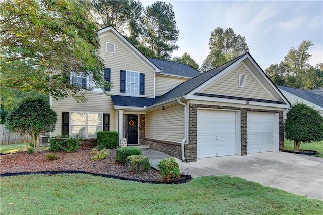 traditional-style home with brick siding, a shingled roof, concrete driveway, a garage, and a front lawn