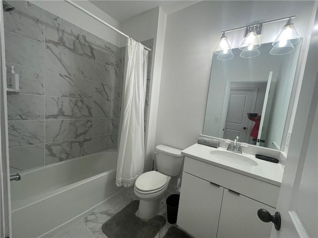 full bathroom featuring vanity, shower / bath combination with curtain, and toilet