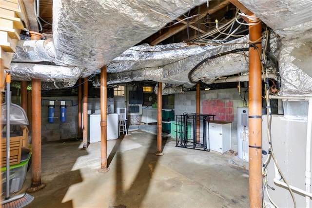 407 E College St E, Bowdon, GA 30108 - unfinished below grade area with washer / clothes dryer, water heater, and concrete block wall